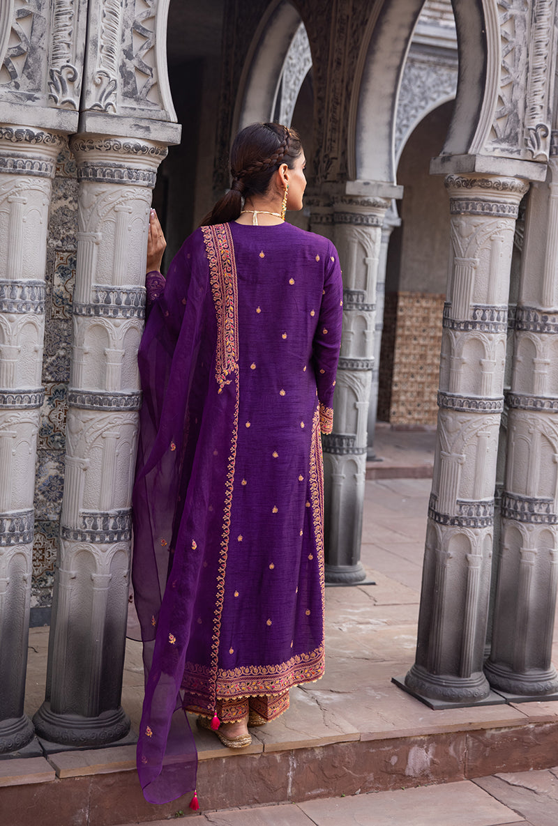 Purple Heavy Marodi Long Ulfat Kurta Set