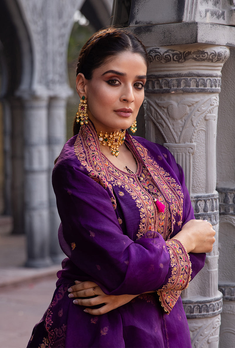 Purple Heavy Marodi Long Ulfat Kurta Set