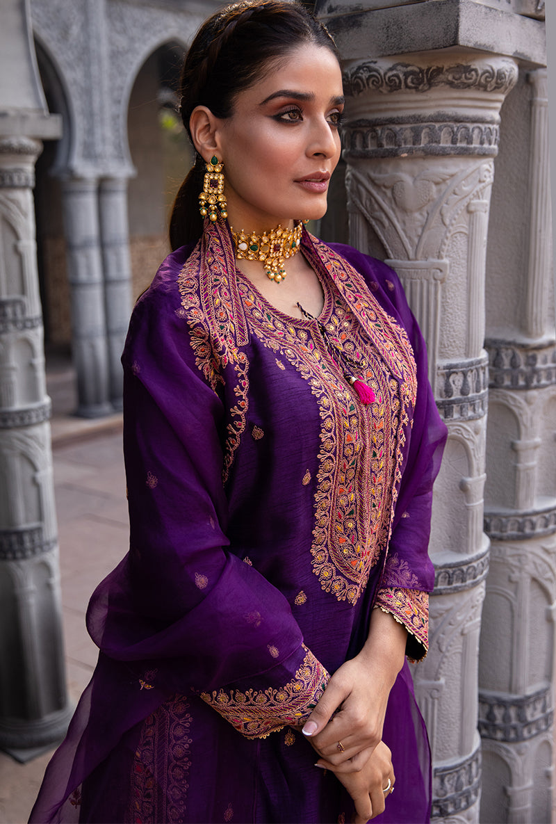 Purple Heavy Marodi Long Ulfat Kurta Set