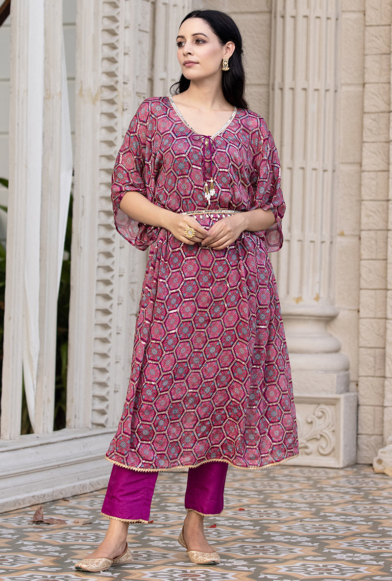 Wine Bandhani Print Sitara 2.0 Kaftan Set