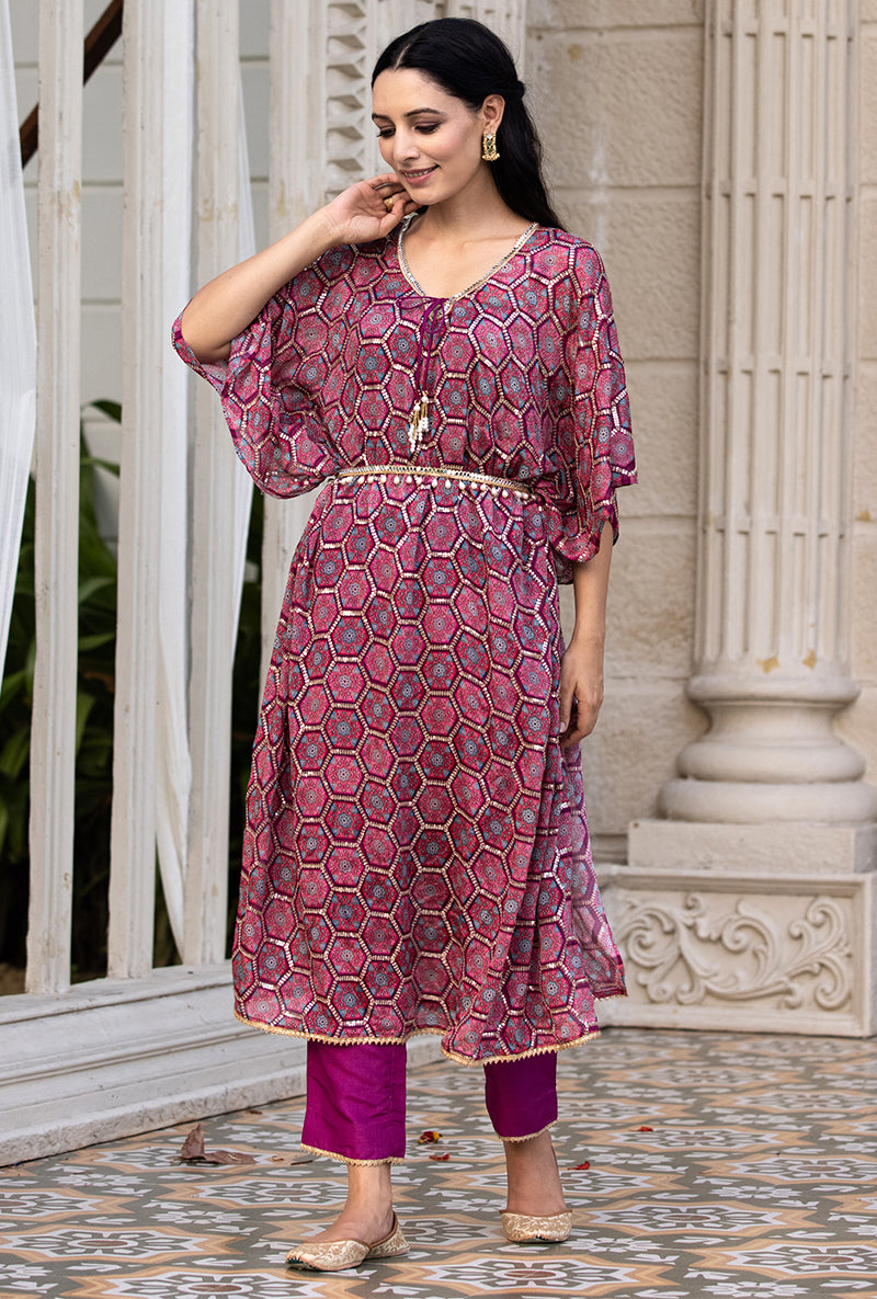 Wine Bandhani Print Sitara 2.0 Kaftan Set