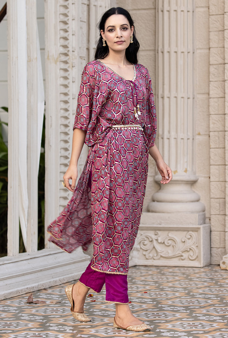 Wine Bandhani Print Sitara 2.0 Kaftan Set