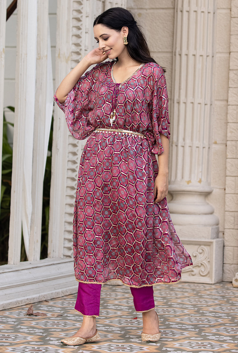 Wine Bandhani Print Sitara 2.0 Kaftan Set