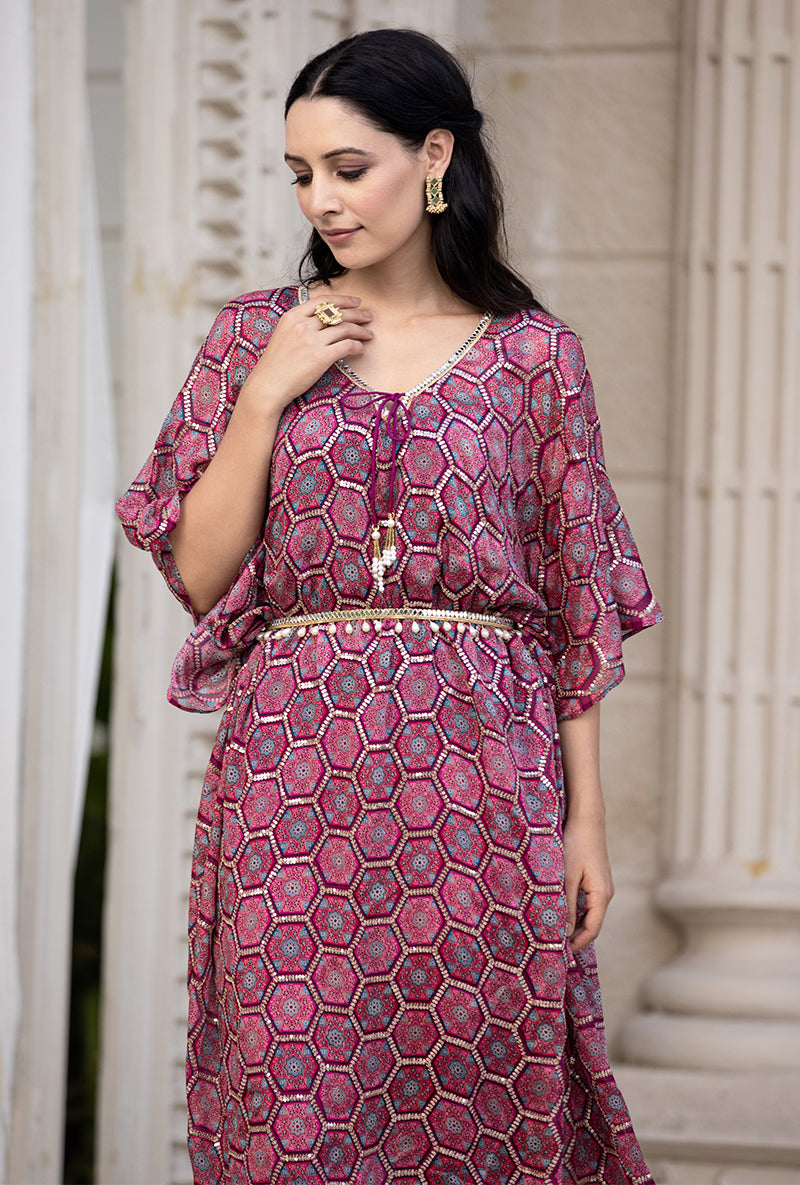 Wine Bandhani Print Sitara 2.0 Kaftan Set