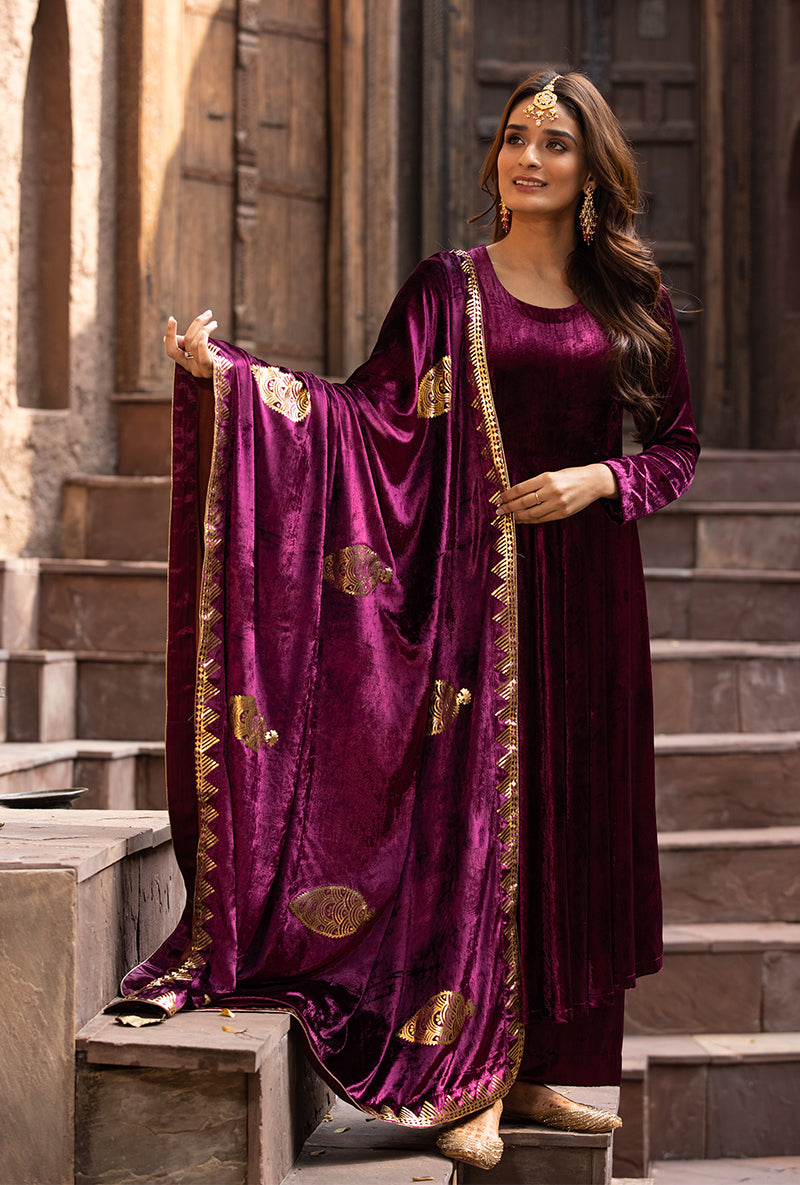 Wine Ruhaani Anarkali Kurta Set