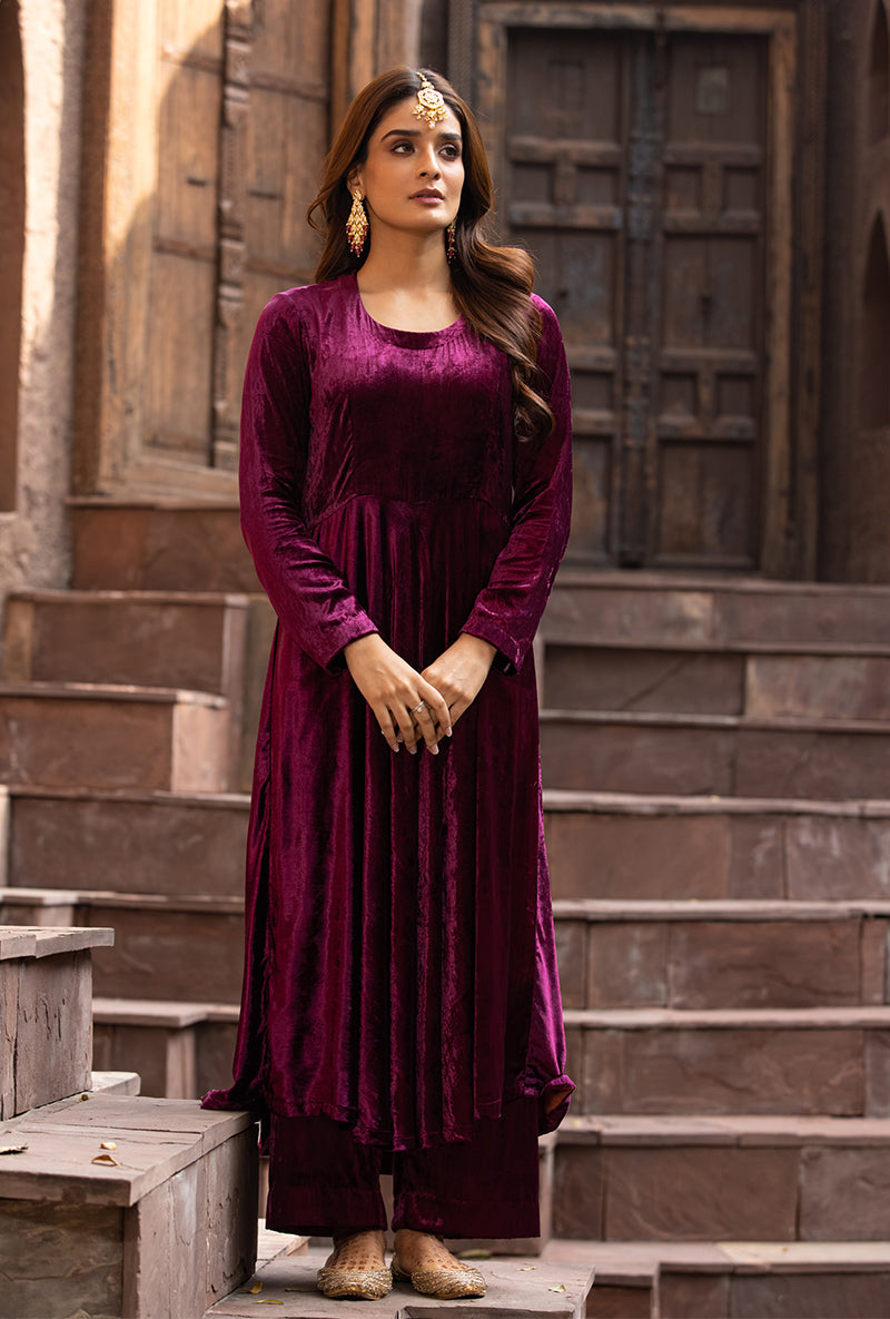 Wine Ruhaani Anarkali Kurta Set