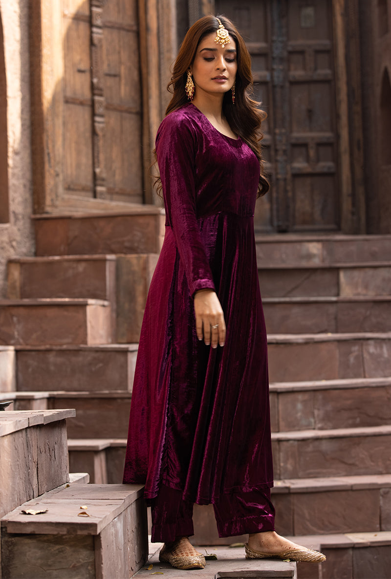 Wine Ruhaani Anarkali Kurta Set