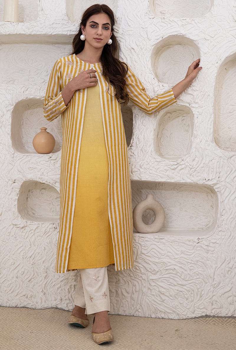 Yellow Stripe Front Open Ombré Tahira Tunic