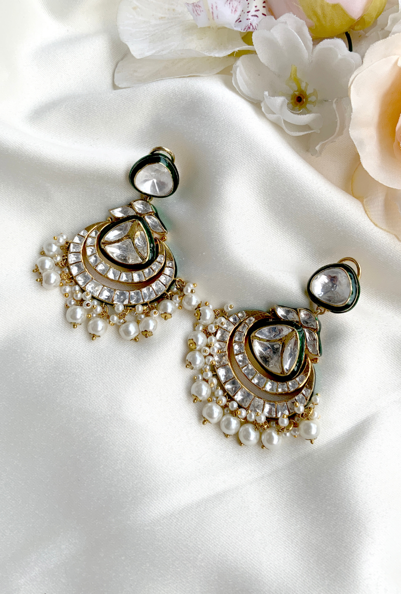 Gold Plated Silver Triangular Earrings With Polki & Green Enamel & Fresh Water Pearls