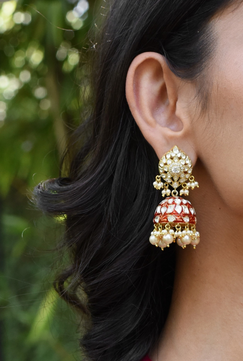 Gold Plated Silver Polki Jhumkis With Red Stone And Pearl Drops