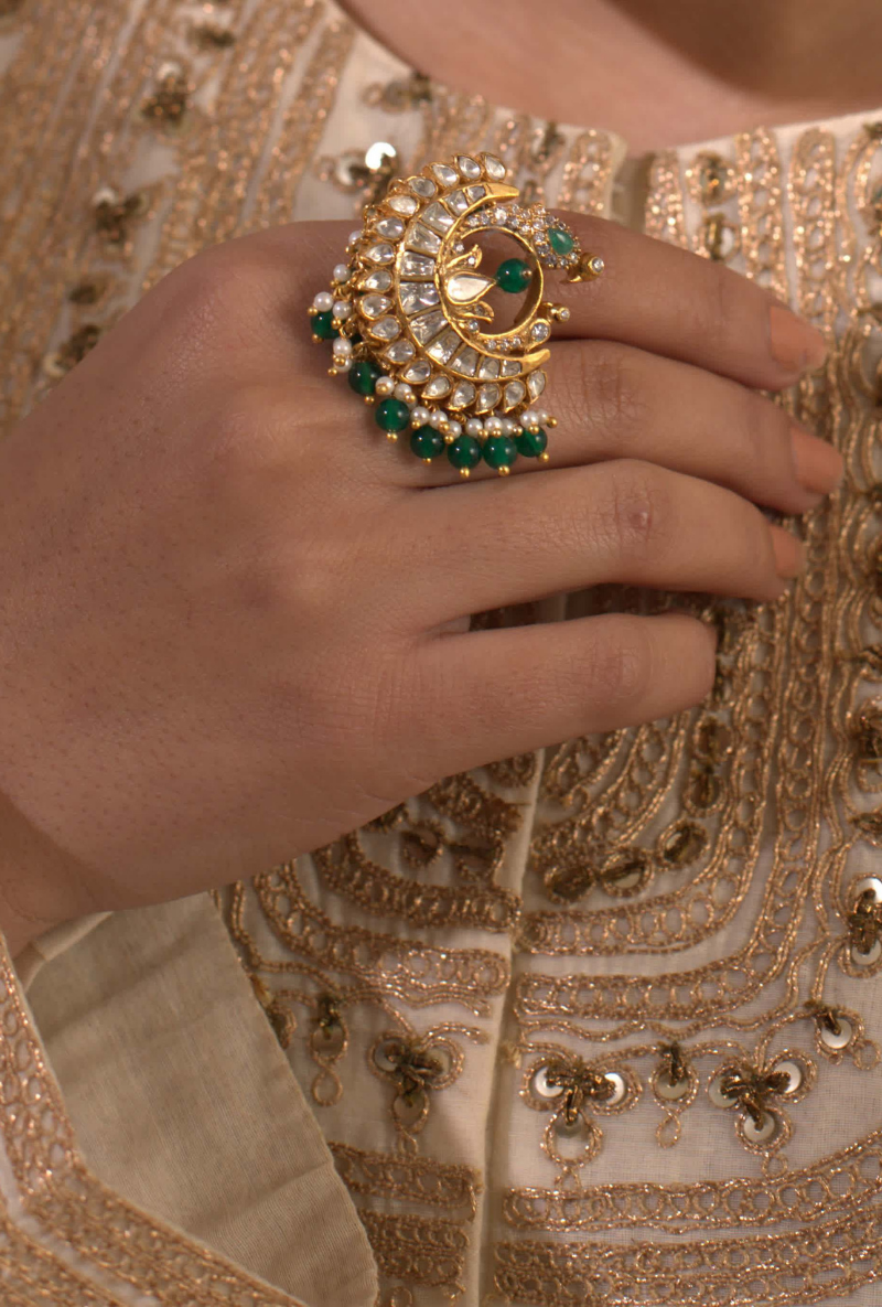 Gold Plated Silver Polki Bird Ring With Green Stones & Pearls