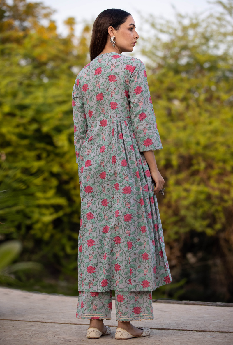 Grey/Red Pankhuri Anarkali Kurta Set