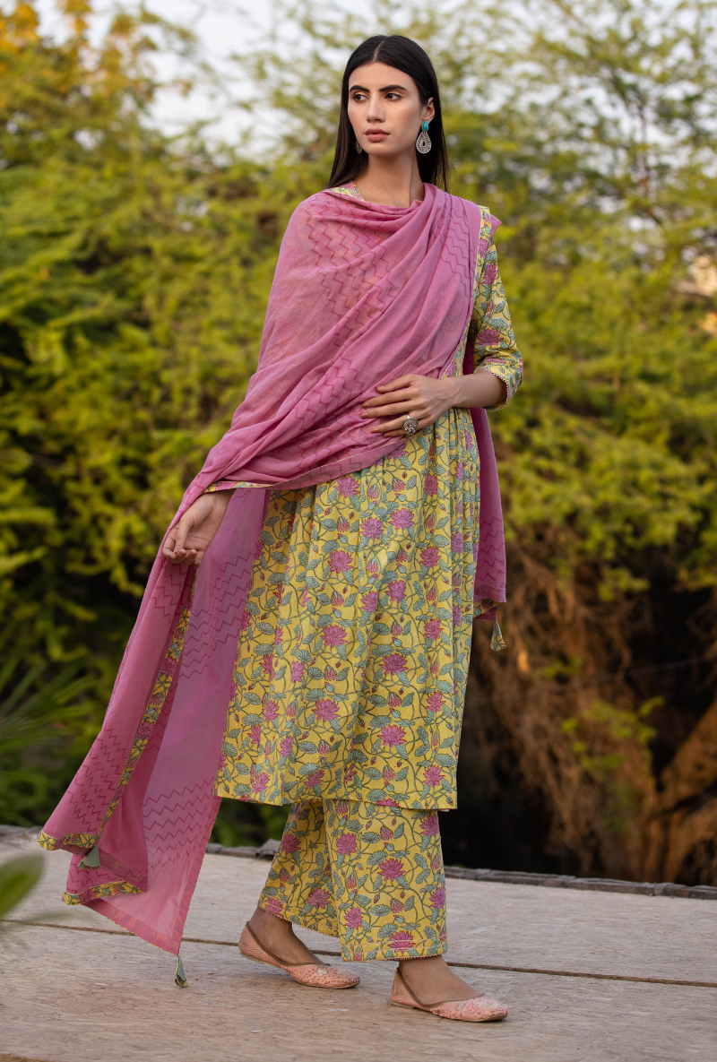 Yellow/Pink Pankhuri Anarkali Kurta Set
