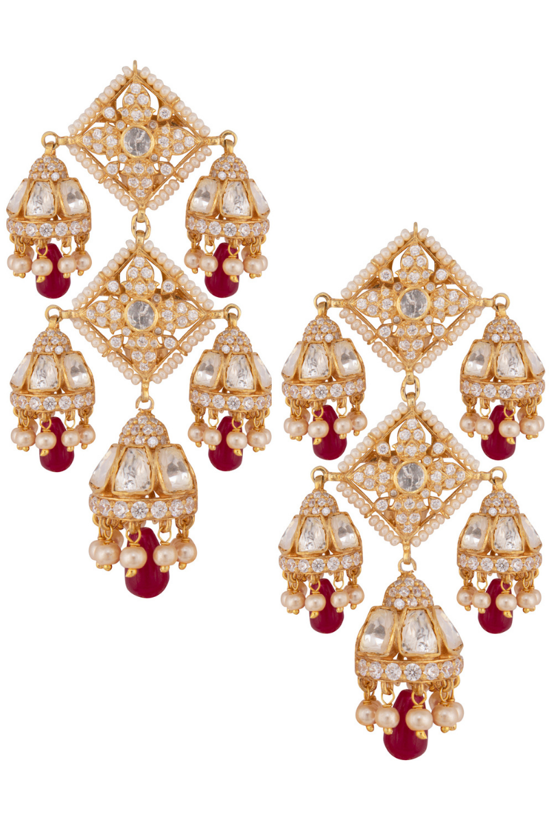 Gold Plated Silver Polki & Dia Long Jhumki Earrings