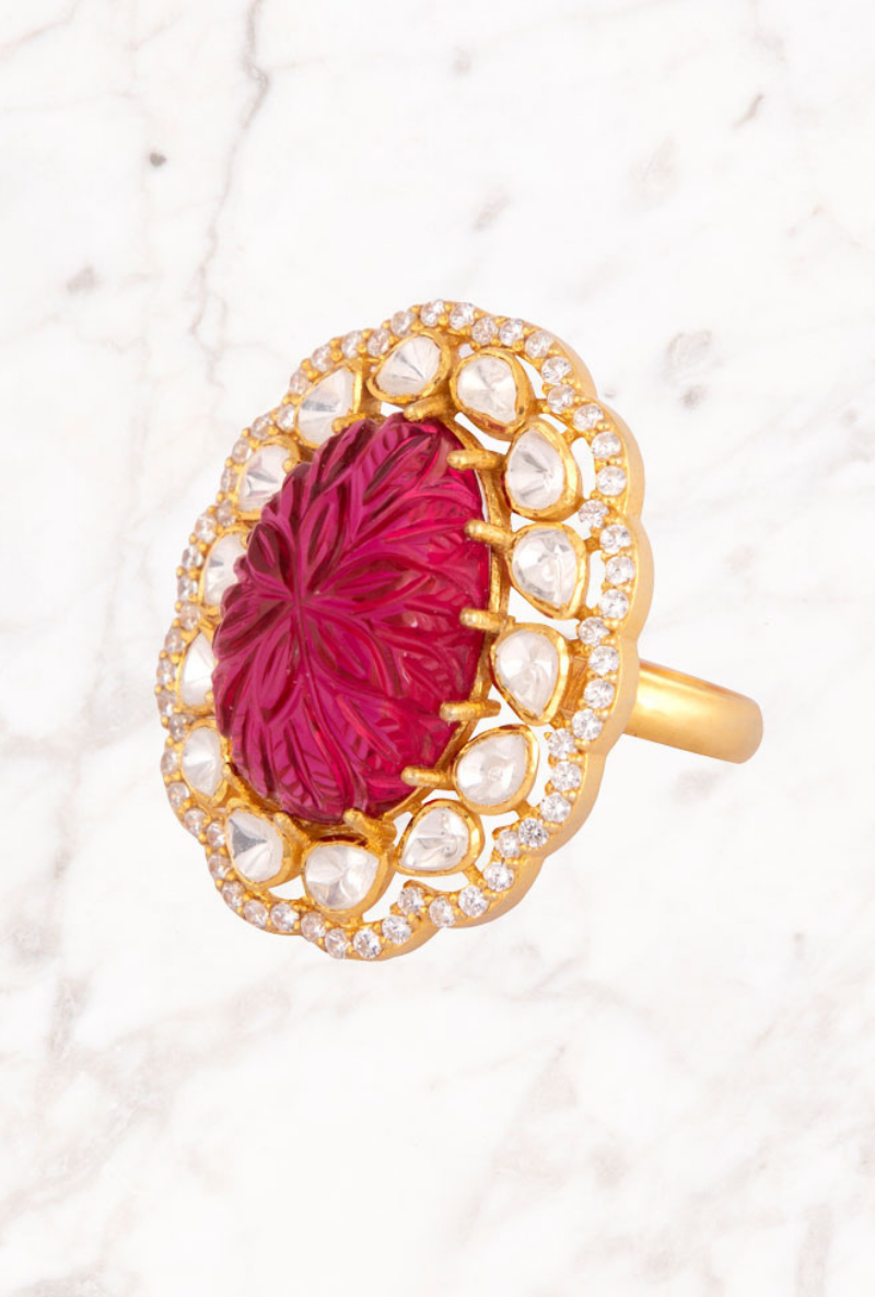 Gold Plated Silver Ring With Red Carved Oval Stone & Polki