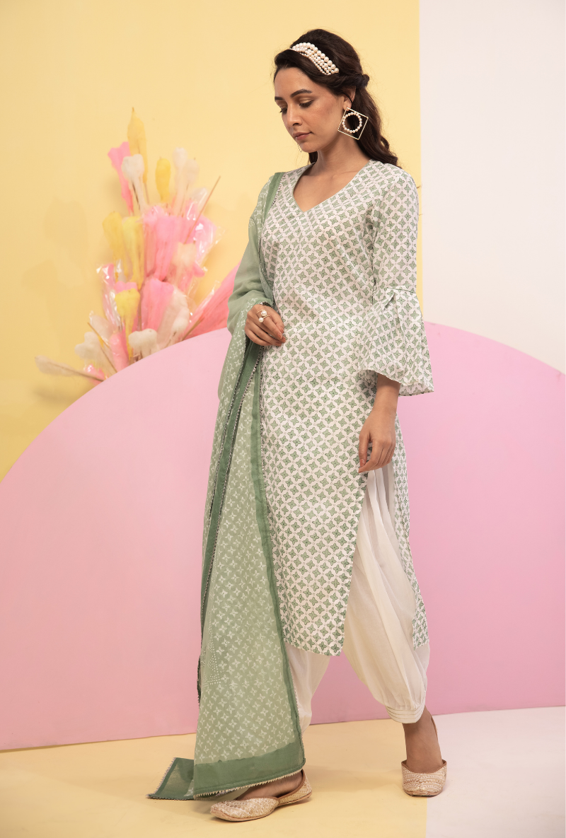 Green Cotton Candy Frill Sleeve Kurta Set