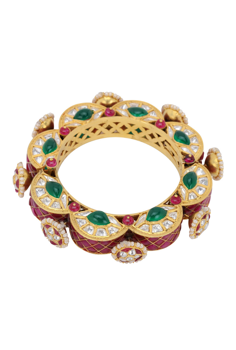 Gold Plated Silver Polki Openable Kada With Green/Red Stones & Pearls