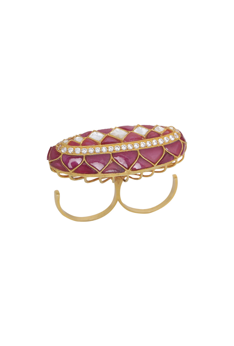 Gold Plated Silver Red Utarai & Polki Boat Shape Ring