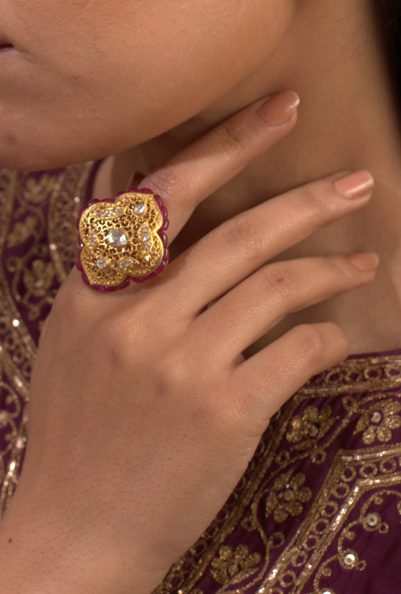 Gold Plated Silver Jaali Ring With Red Stones & Polki