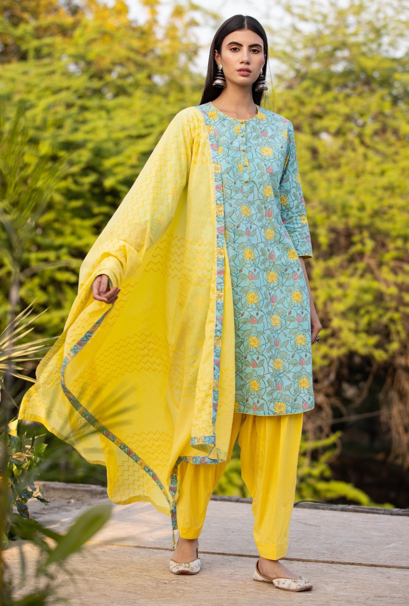 Aqua/Yellow Pankhuri Salwar Kurta Set