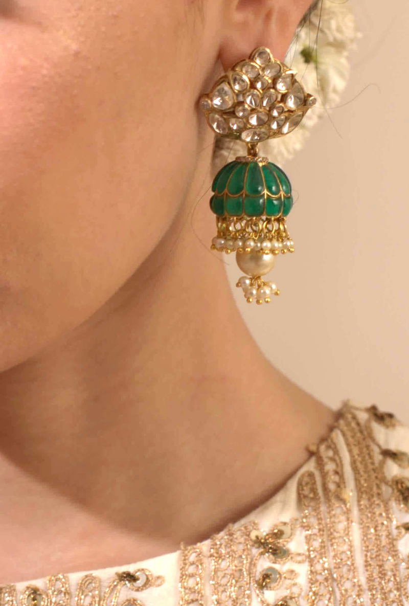 Emerald & Polki Gold Plated Silver Jhumki With Fresh Water Pearl Drops