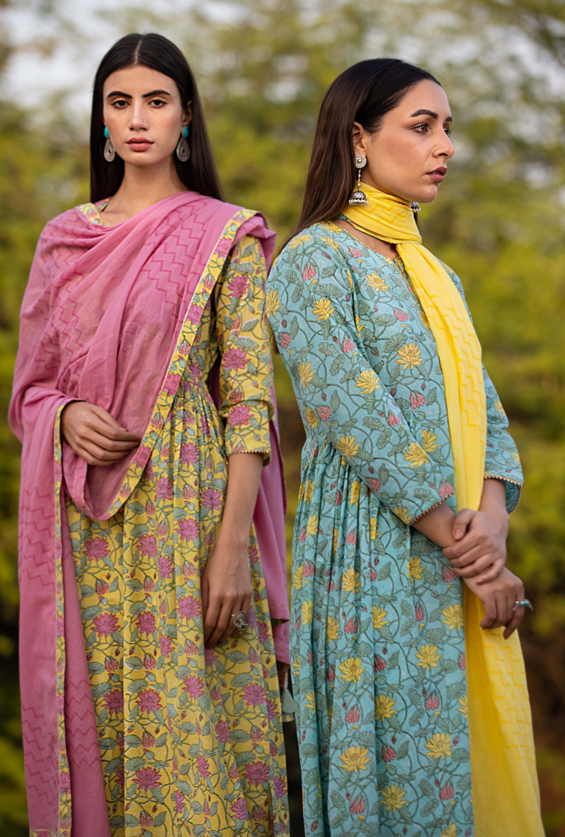 Yellow/Pink Pankhuri Anarkali Kurta Set