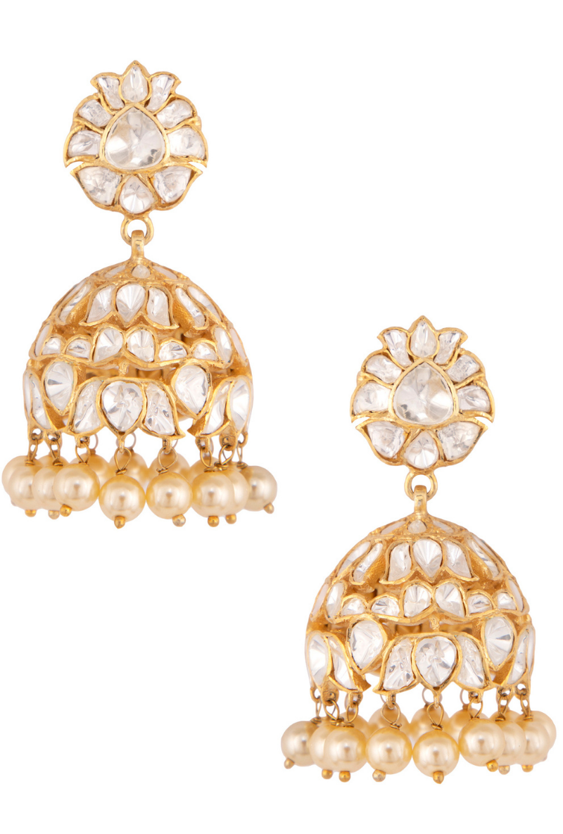 All White Polki Gold Plated Silver Jhumki