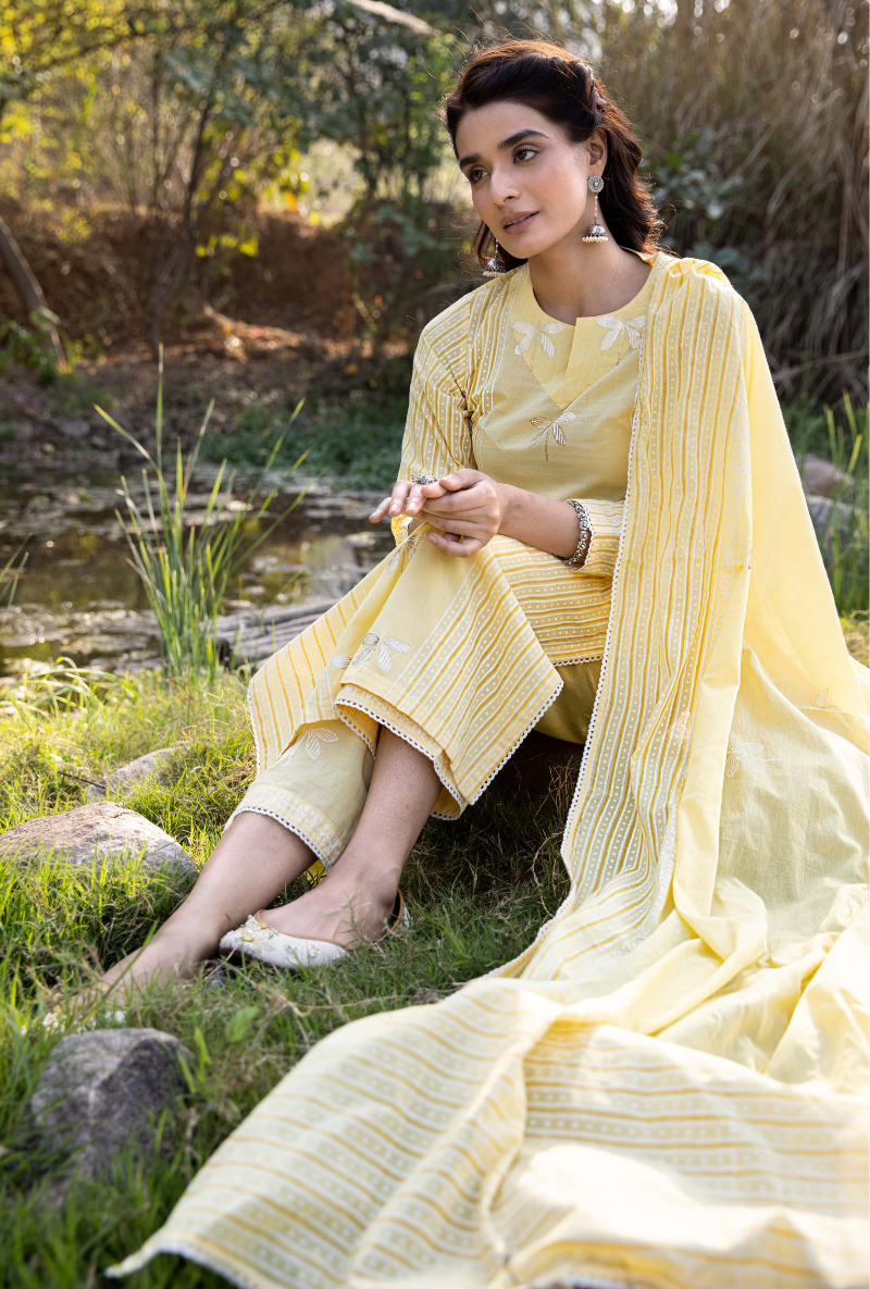 Yellow/Ivory Titlie Straight Panel Kurta Set