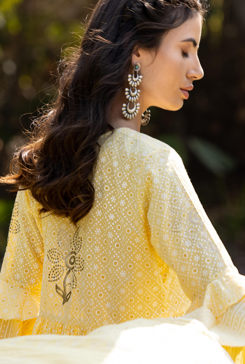 Yellow Frill Sleeve Titlie Anarkali Set