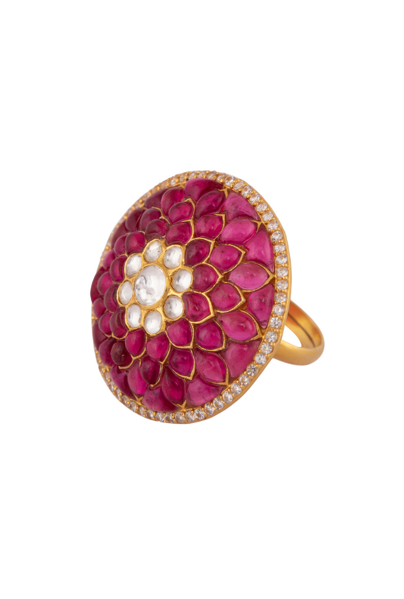 Gold Plated Silver Ring With Red Stones & Polki