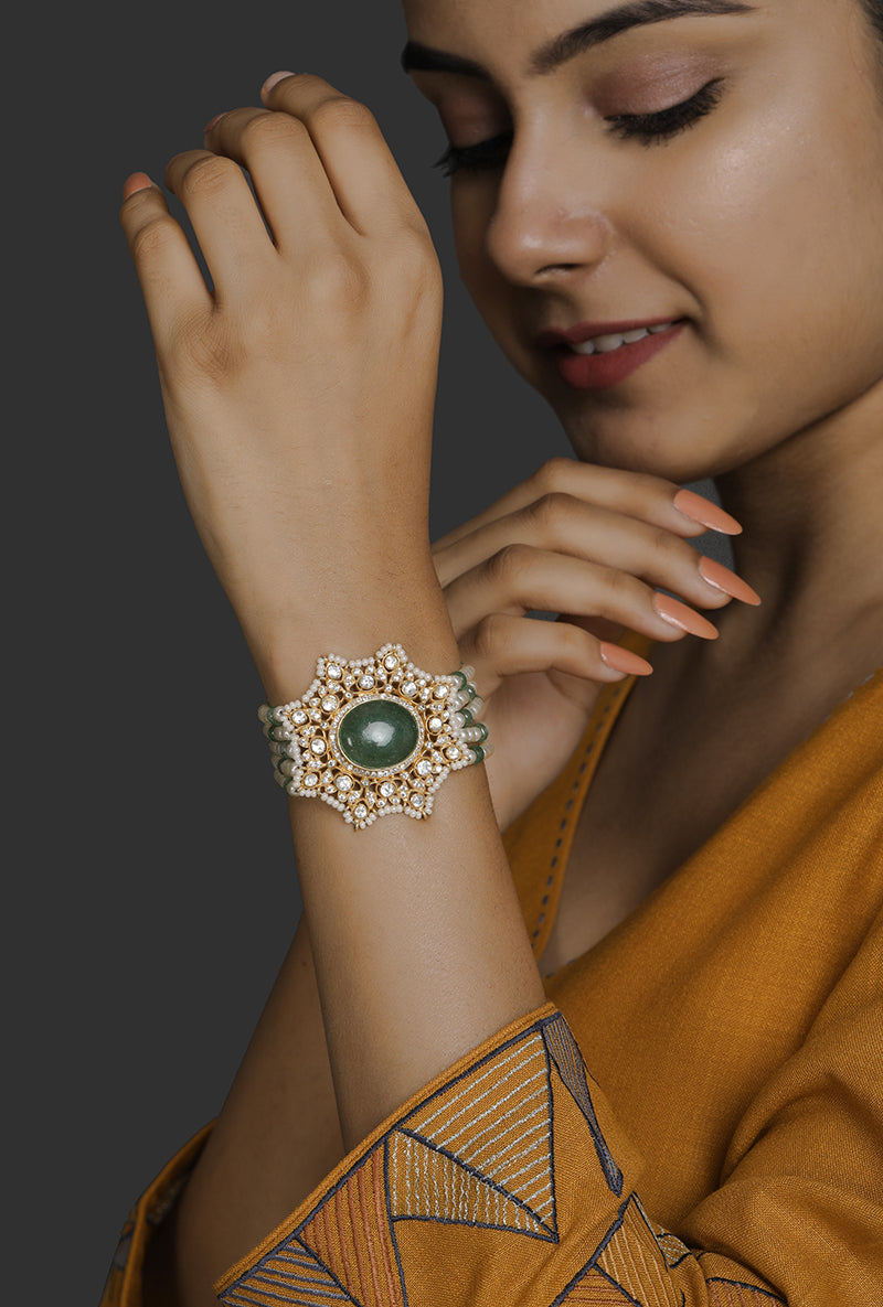 Gold Plated Silver Polki Pearl Bracelet With Green Oval Stone in Center