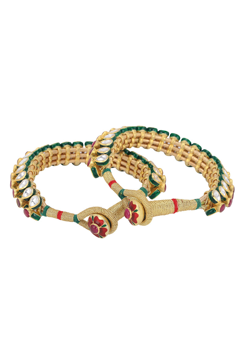 Gold Plated Silver Polki Openable Kada Pair With Red Stones & Red / Green Enamel