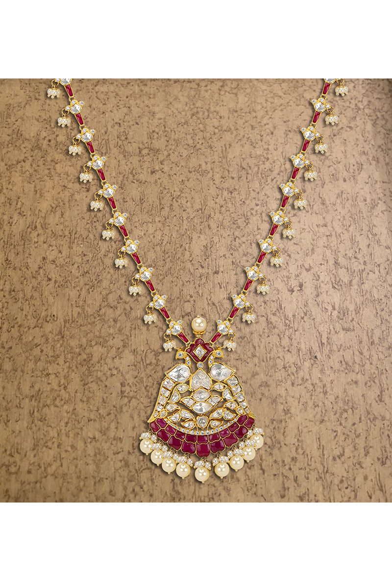 Gold Plated Silver Polki Pendant Necklace With Red Stone & Pearls