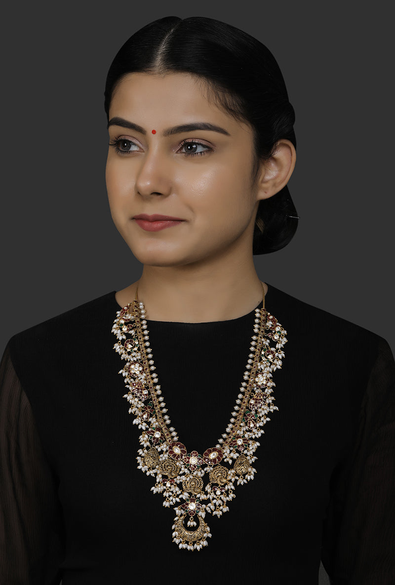 Gold Plated Silver Necklace With Texture Bird Motifs & Rice Pearl Drops