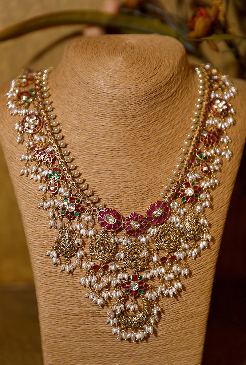 Gold Plated Silver Necklace With Texture Bird Motifs & Rice Pearl Drops