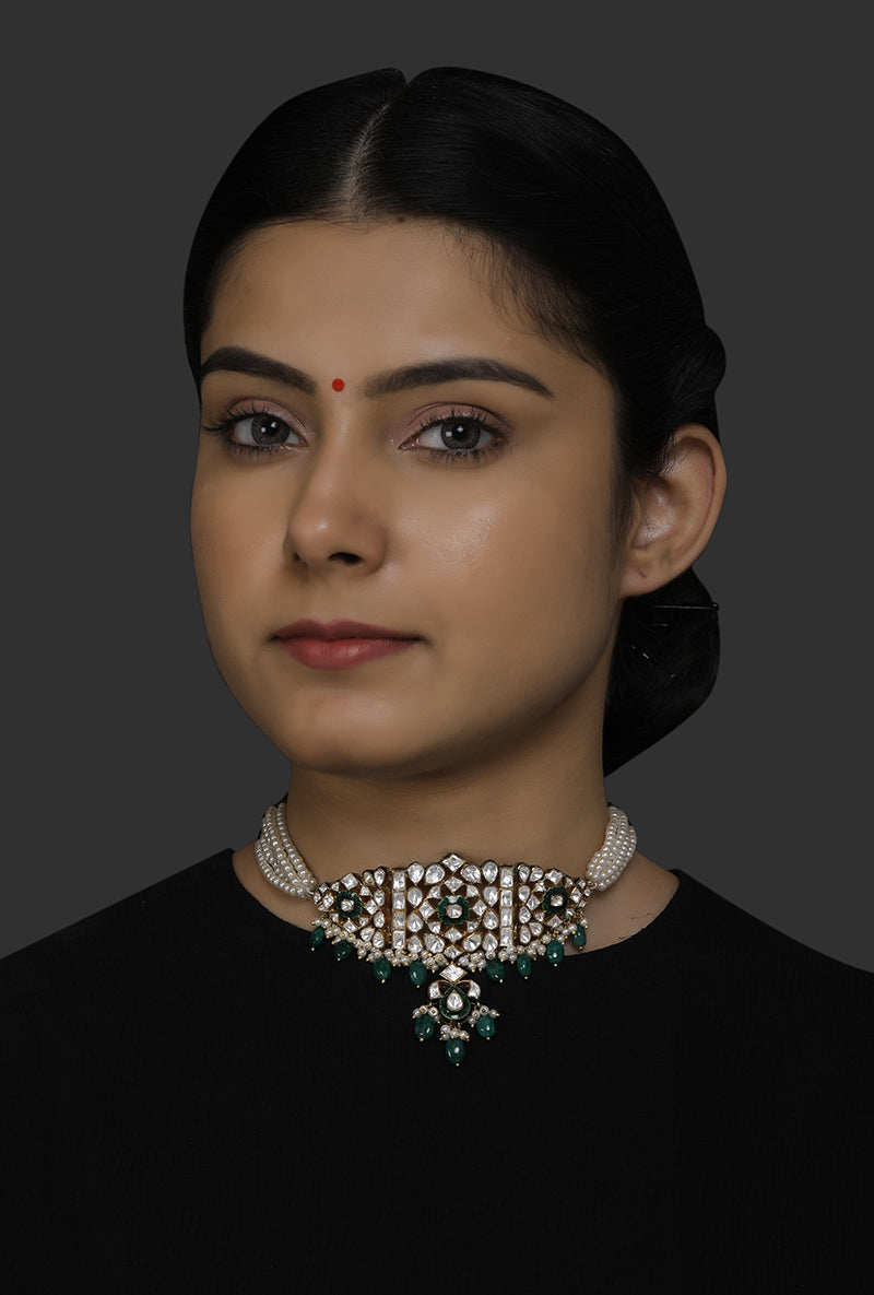 Gold Plated Silver Double Style Wearable Necklace With Polki & Pearl & Green Drops