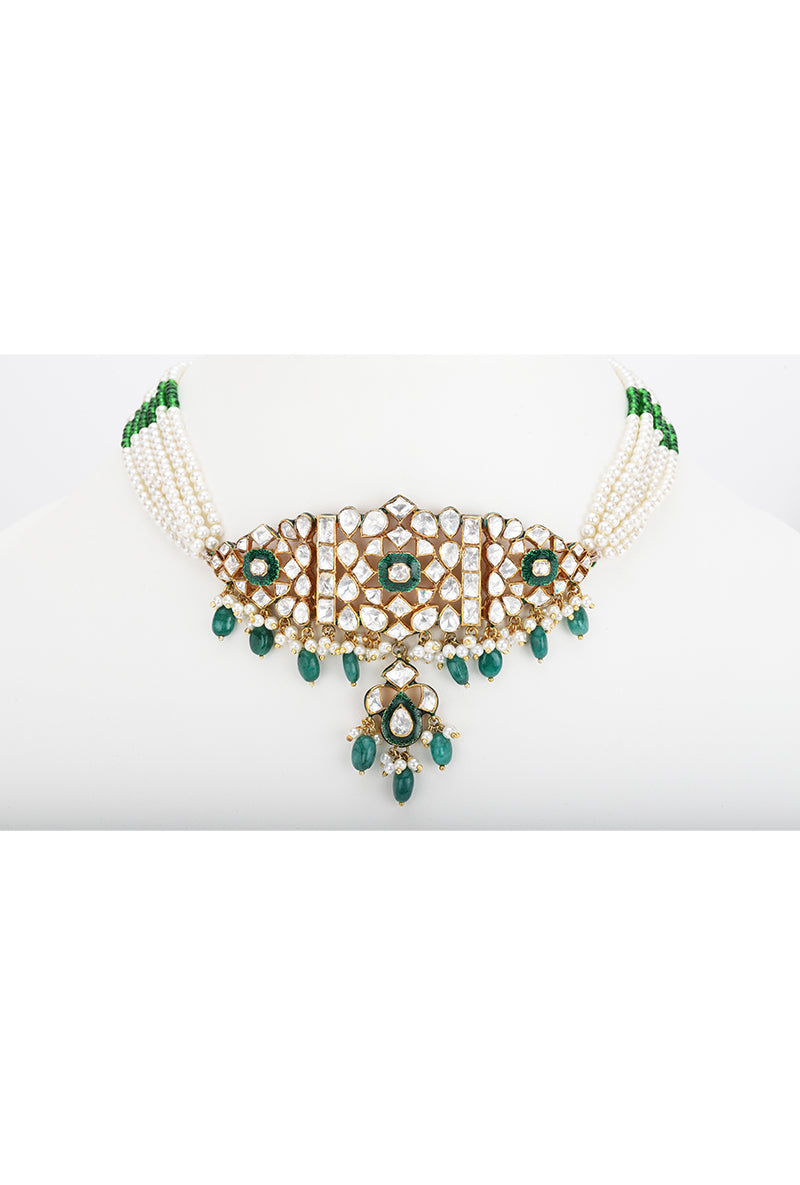 Gold Plated Silver Double Style Wearable Necklace With Polki & Pearl & Green Drops