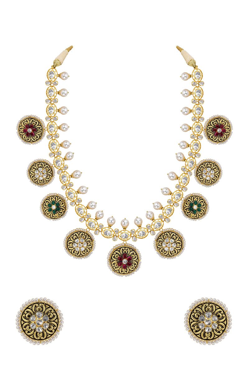 Gold Plated Silver Antique Look Necklace Set With Chitai Texture Work & Floral Motif With Round Pair of Studs