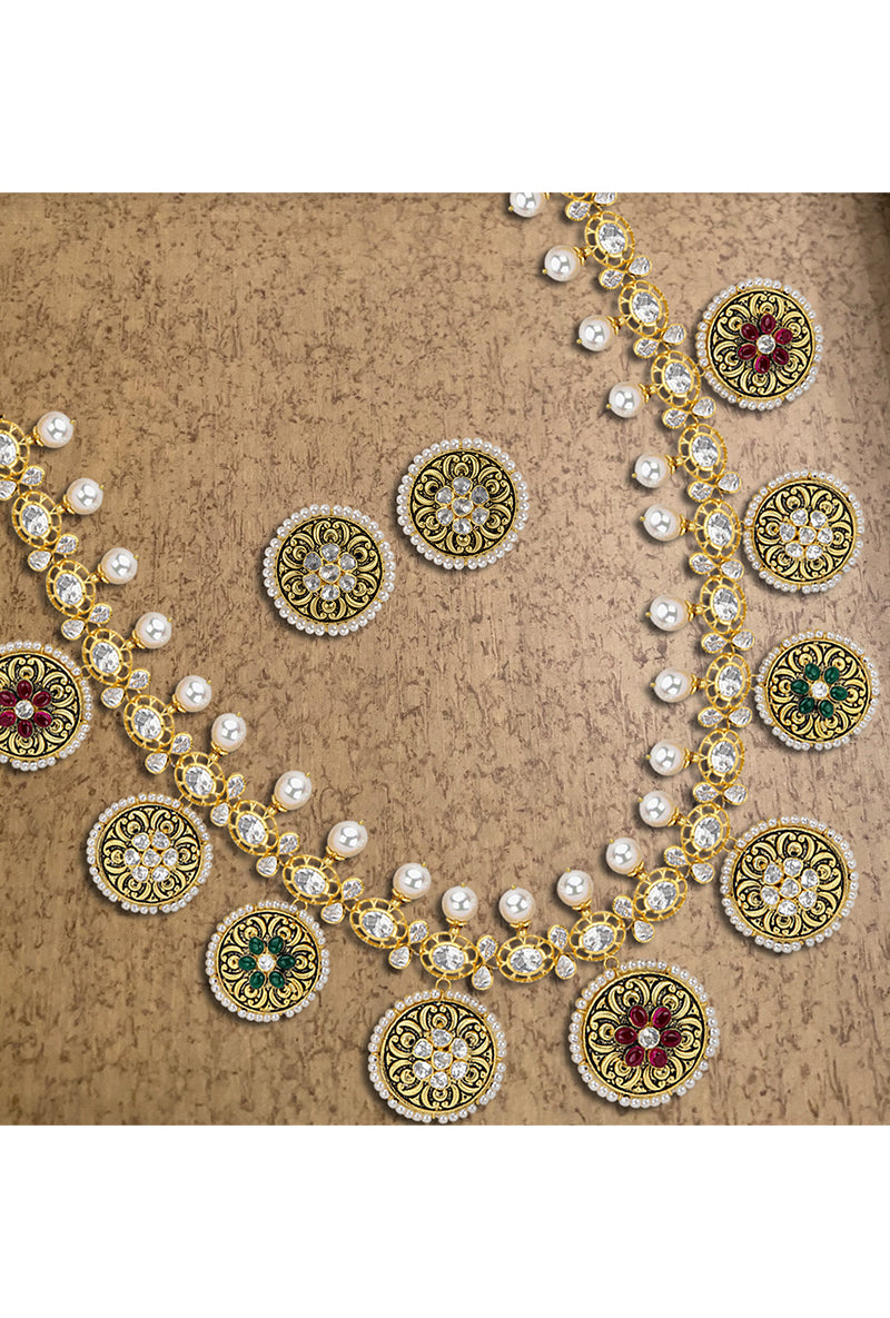 Gold Plated Silver Antique Look Necklace Set With Chitai Texture Work & Floral Motif With Round Pair of Studs