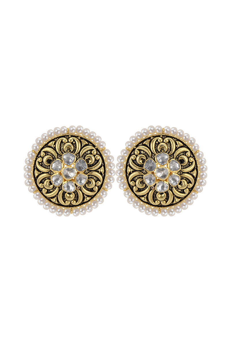 Gold Plated Silver Antique Look Necklace Set With Chitai Texture Work & Floral Motif With Round Pair of Studs