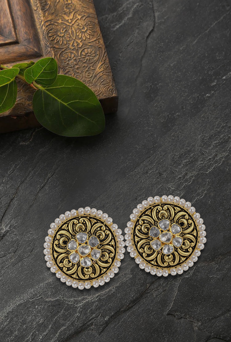 Gold Plated Silver Antique Look Necklace Set With Chitai Texture Work & Floral Motif With Round Pair of Studs