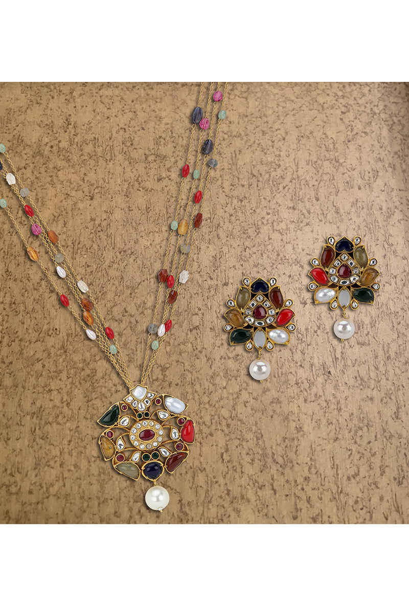 Gold Plated Silver Navratna Pendant Set With Beaded Chain Strings