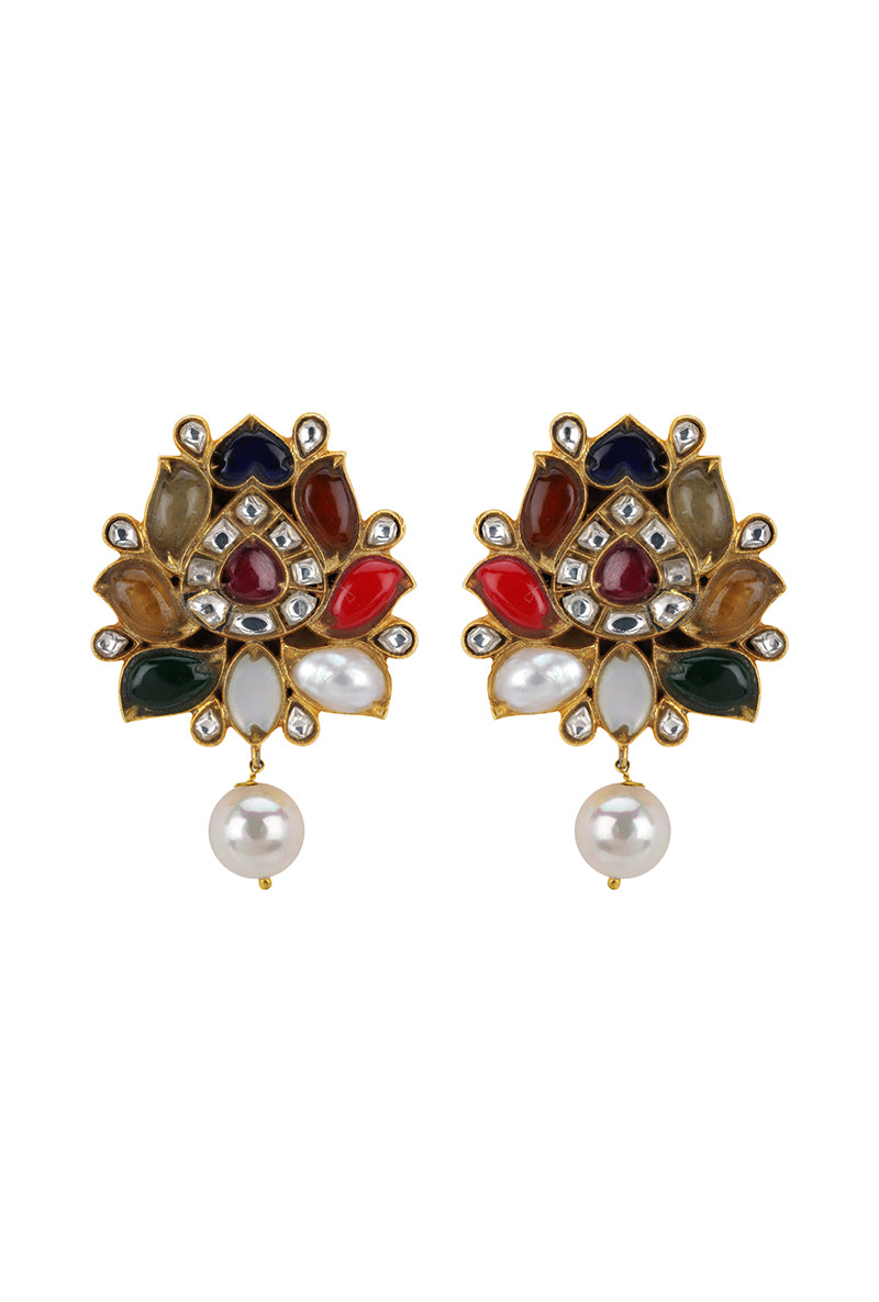 Gold Plated Silver Navratna Pendant Set With Beaded Chain Strings