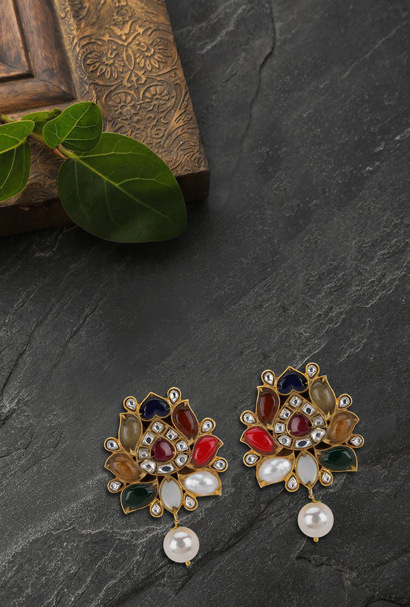 Gold Plated Silver Navratna Pendant Set With Beaded Chain Strings