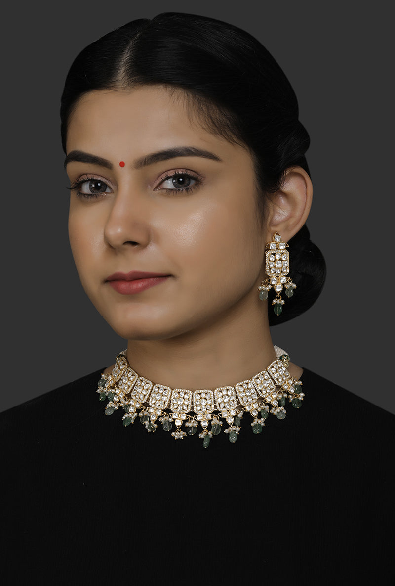 Gold Plated Silver Choker With Polki & Light Green Drops Along With Fresh Water Pearl Drops