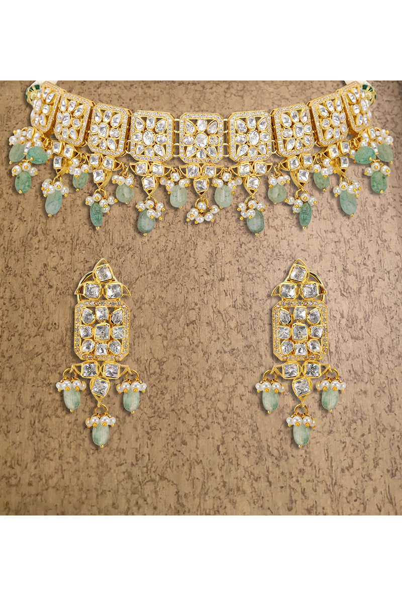 Gold Plated Silver Choker With Polki & Light Green Drops Along With Fresh Water Pearl Drops