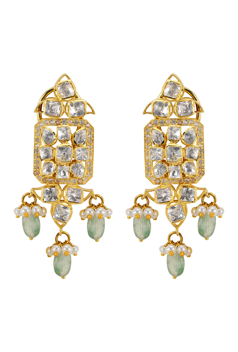 Gold Plated Silver Choker With Polki & Light Green Drops Along With Fresh Water Pearl Drops