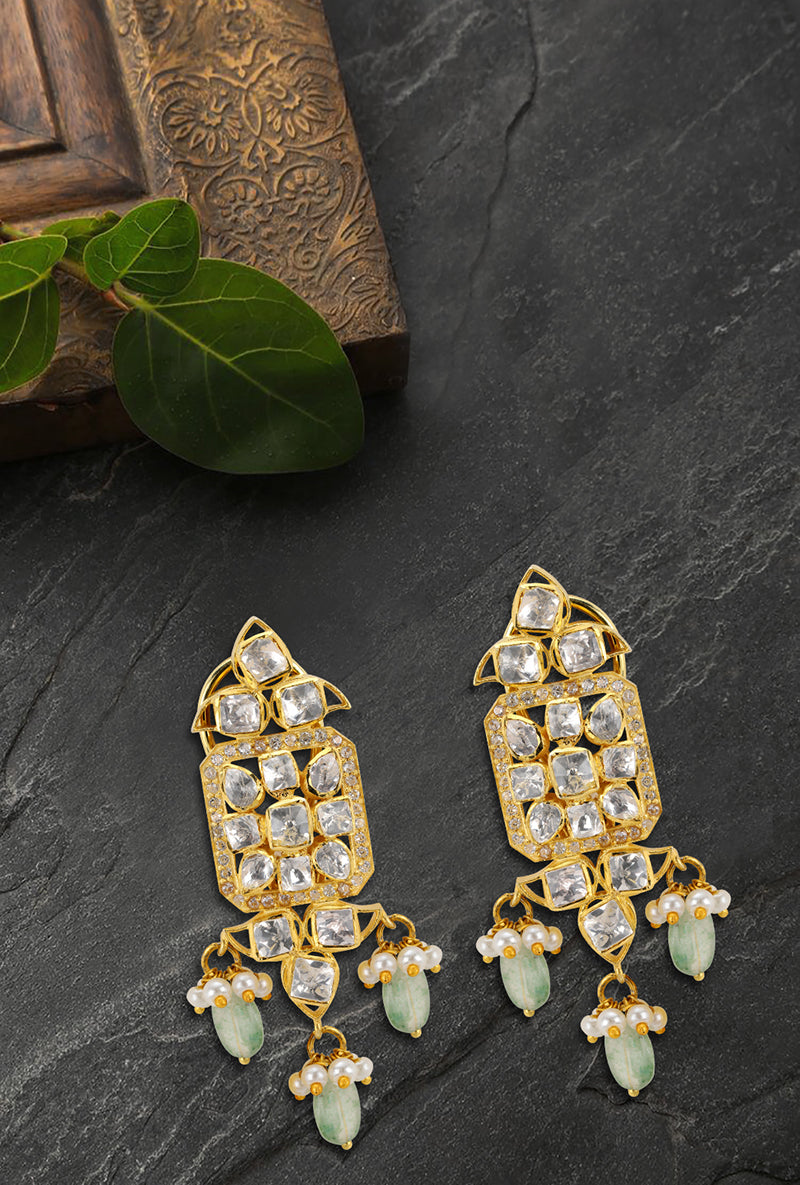 Gold Plated Silver Choker With Polki & Light Green Drops Along With Fresh Water Pearl Drops