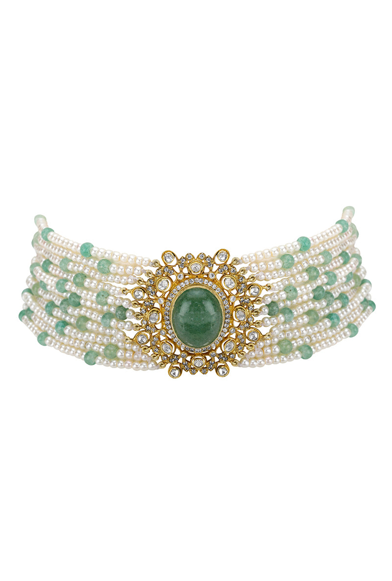 Gold Plated Silver Choker With Green Oval Stone in Center With Pearl & Green Stone Strung Mala