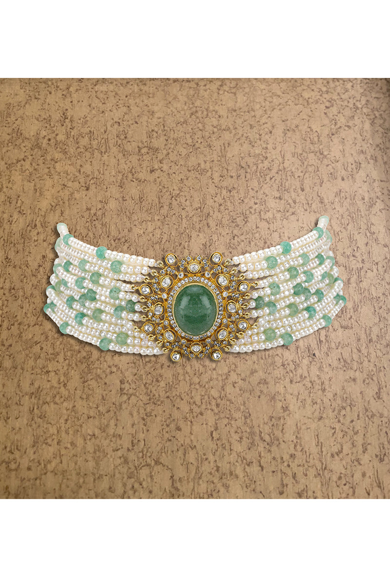 Gold Plated Silver Choker With Green Oval Stone in Center With Pearl & Green Stone Strung Mala
